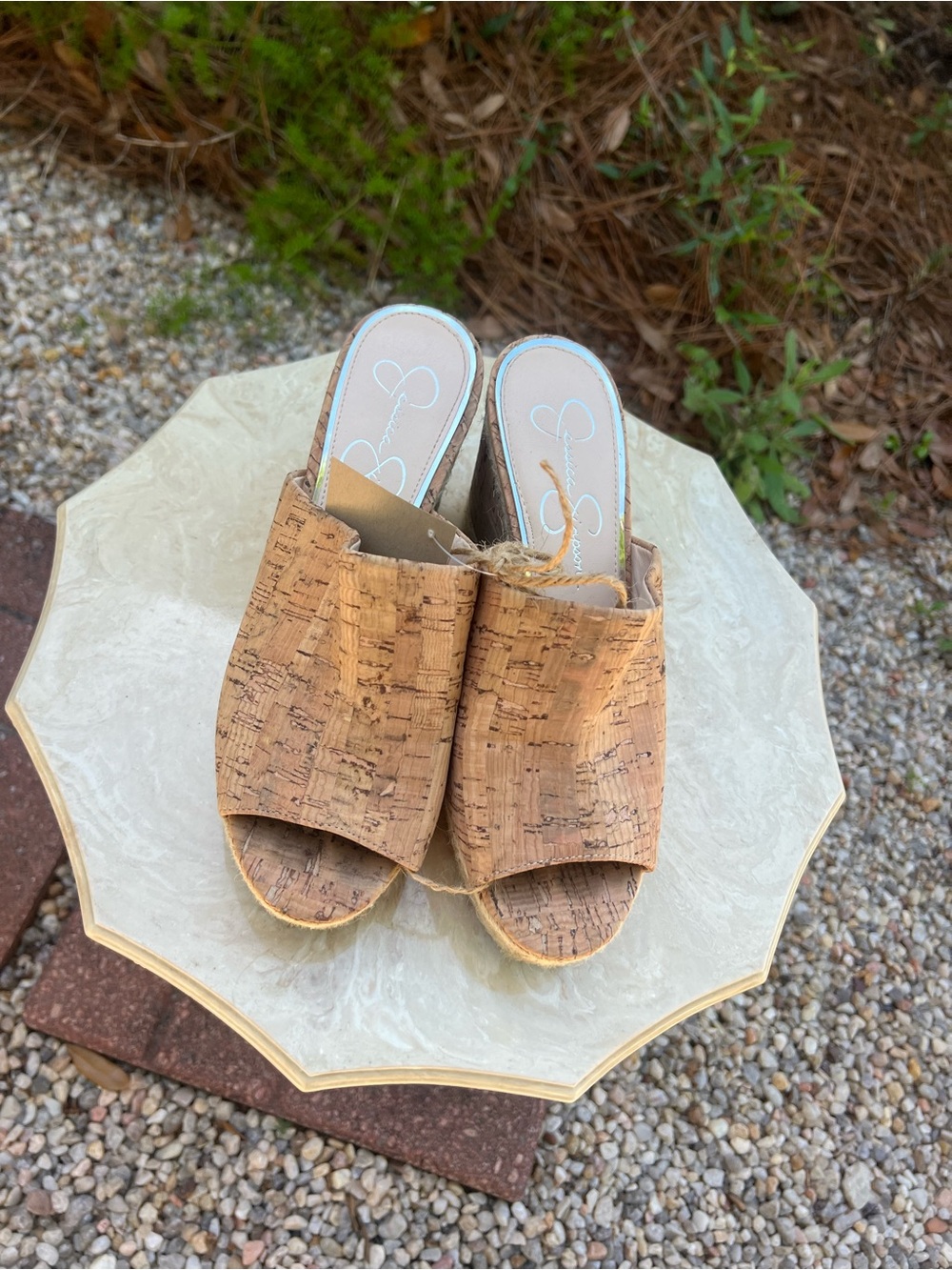 Jessica Simpson Cork Peep-Toe Slide Wedges in Natural Tan